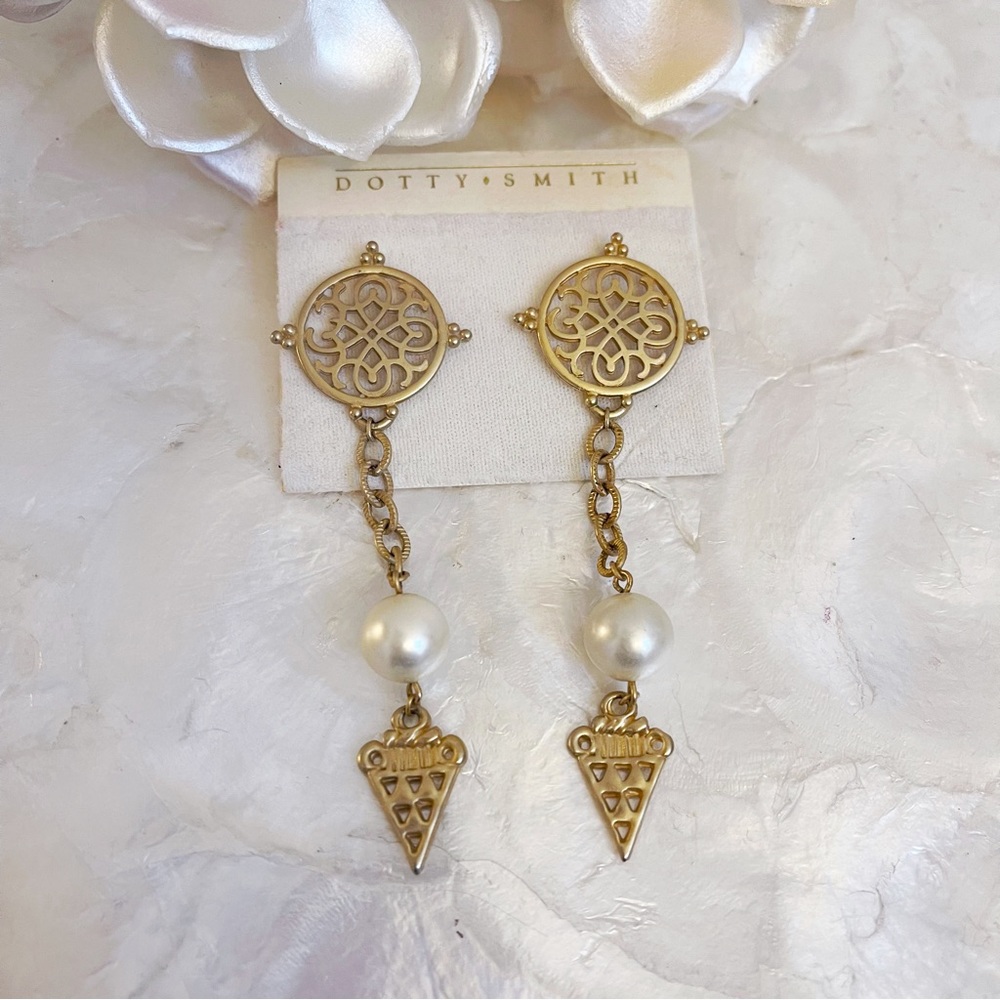 Vintage Gold Tone Byzantine Faux Pearl Long Dangle Earrings Dotty Smith